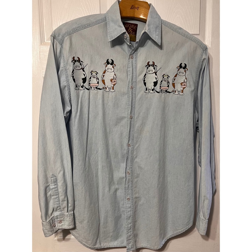 More & More Vintage Cow Embroidered Denim Button Down Shirt Light Blue Womens L